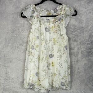 Fairycore Silk Floral Sheer Cap Sleeve Top Sz L bow Ethereal Fairy, Coquette
